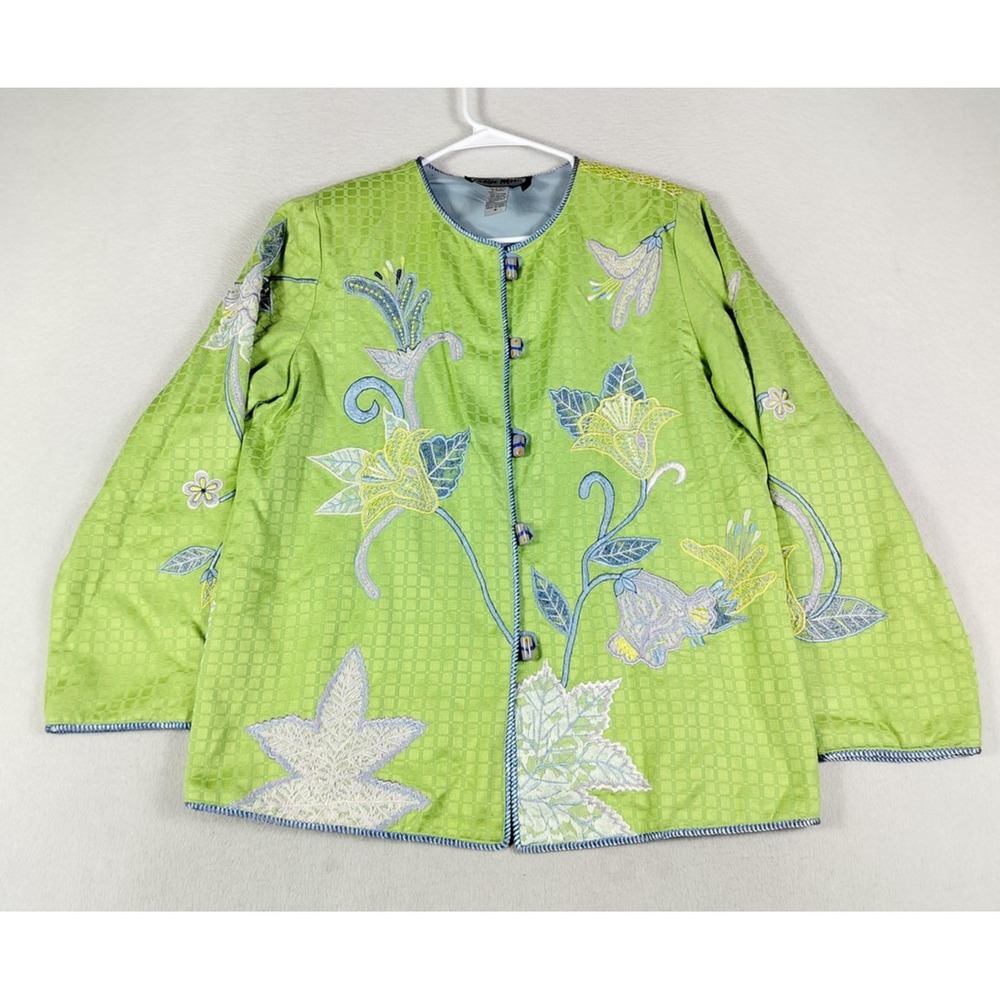 Indigo Moon Jacket Womens Small Green Floral Embroidered Beaded Art To Wear Boho